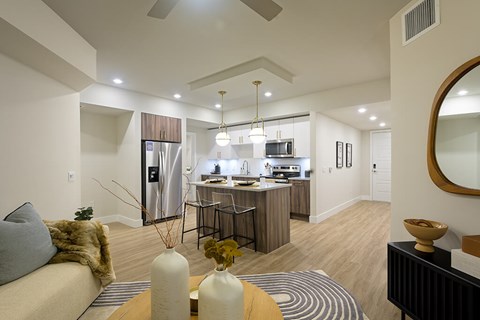 a living room with a kitchen and a couch